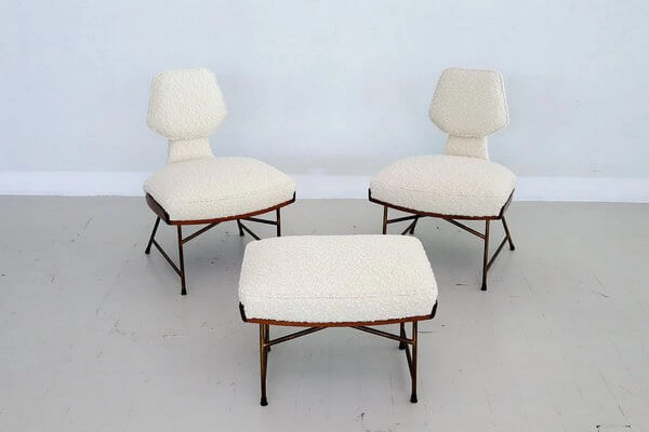 Pair of chairs and footstool in oak, metal and white bouclé, 1950s 1