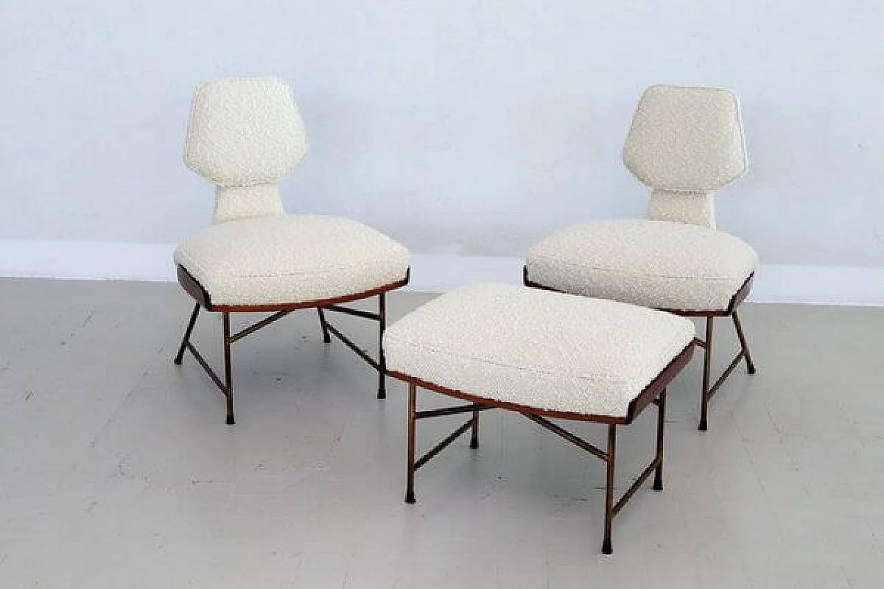 Pair of chairs and footstool in oak, metal and white bouclé, 1950s 2