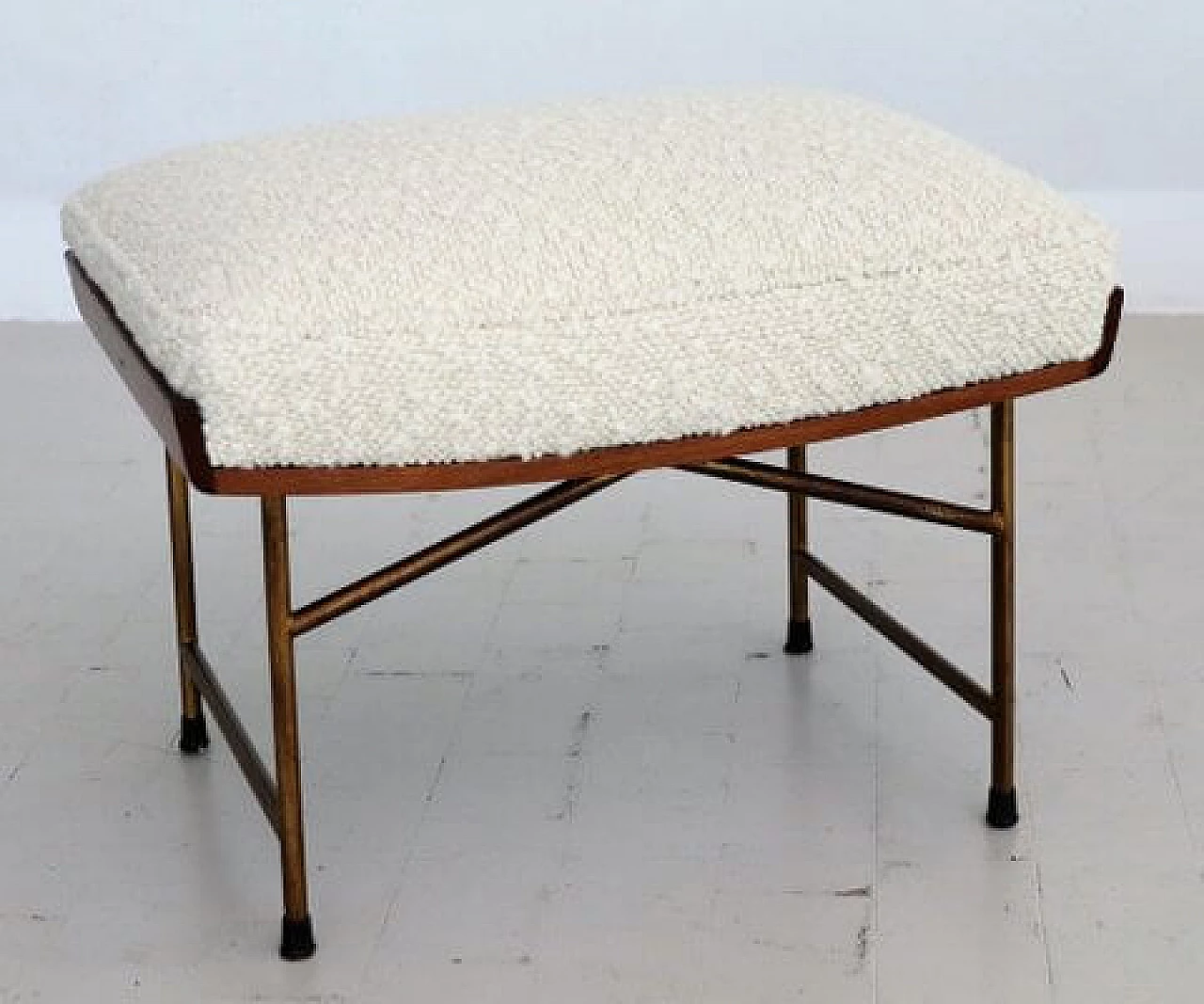 Pair of chairs and footstool in oak, metal and white bouclé, 1950s 3