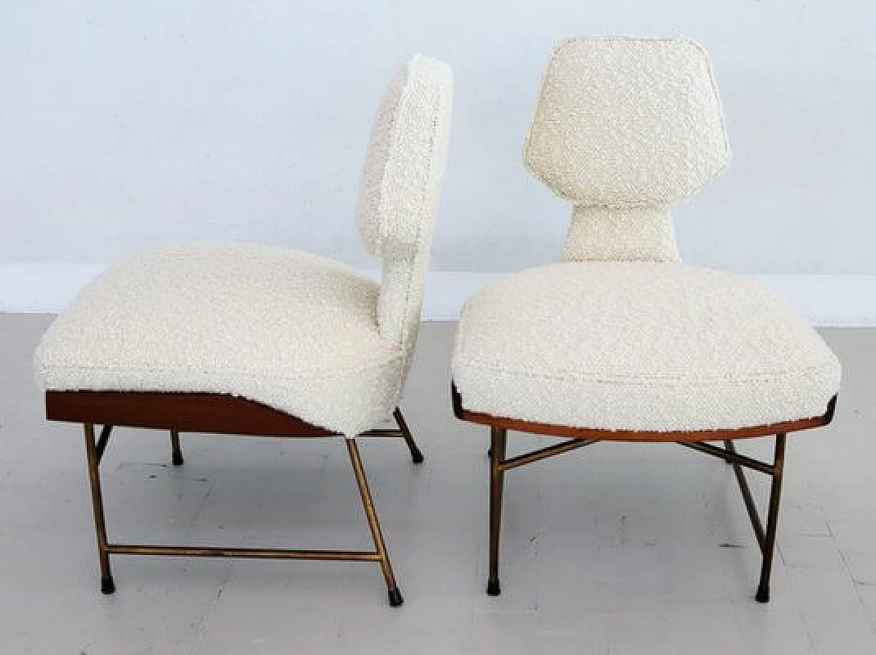 Pair of chairs and footstool in oak, metal and white bouclé, 1950s 4