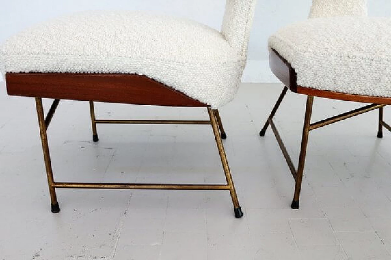 Pair of chairs and footstool in oak, metal and white bouclé, 1950s 5