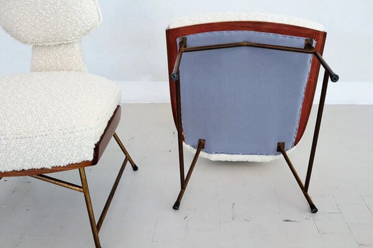 Pair of chairs and footstool in oak, metal and white bouclé, 1950s 6