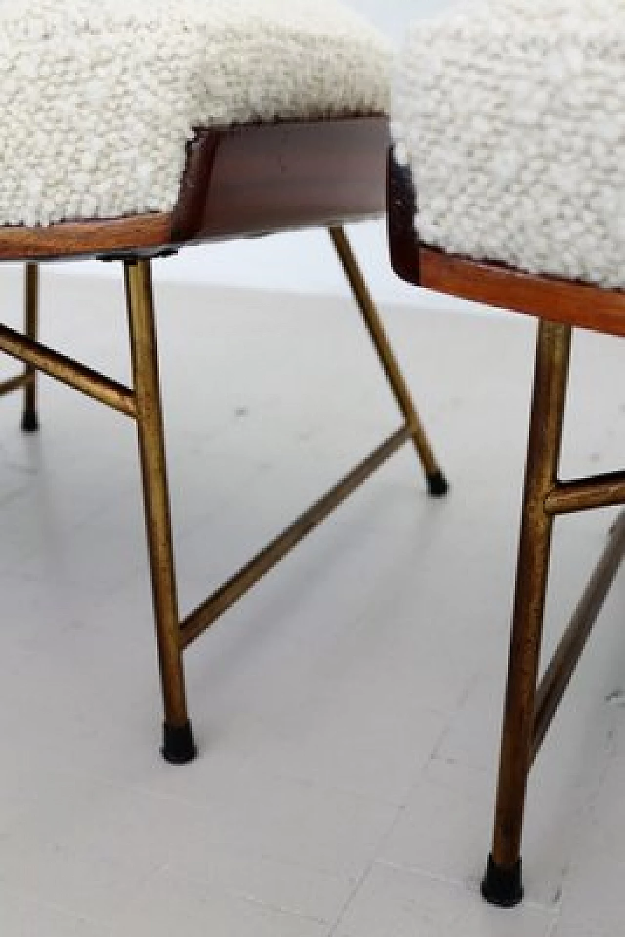 Pair of chairs and footstool in oak, metal and white bouclé, 1950s 7