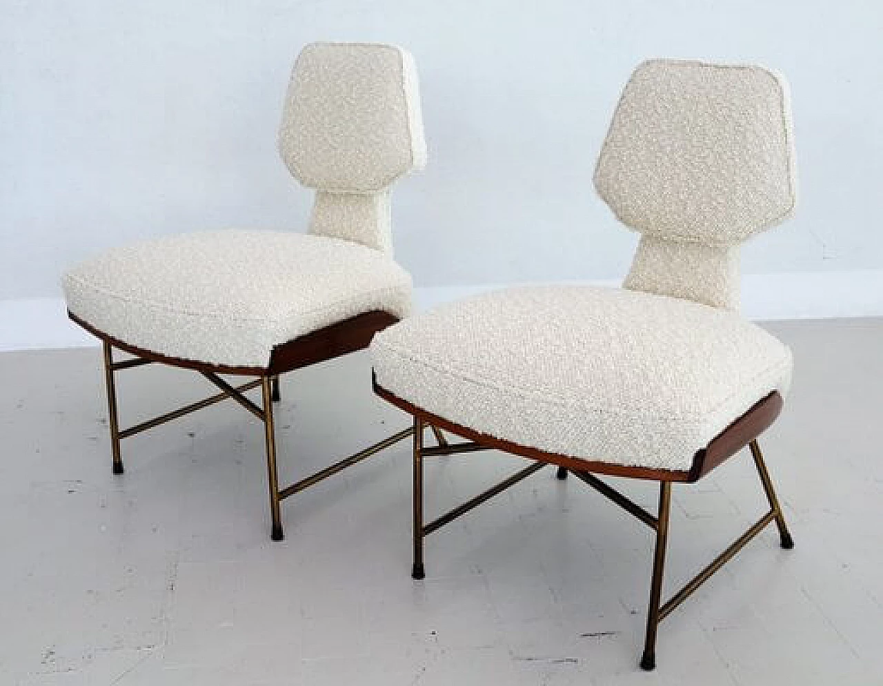 Pair of chairs and footstool in oak, metal and white bouclé, 1950s 9