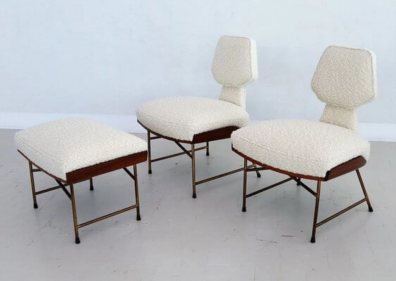 Pair of chairs and footstool in oak, metal and white bouclé, 1950s 11