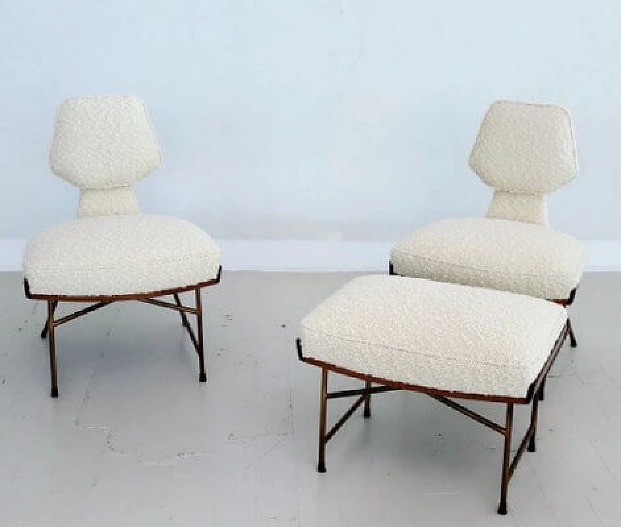 Pair of chairs and footstool in oak, metal and white bouclé, 1950s 12