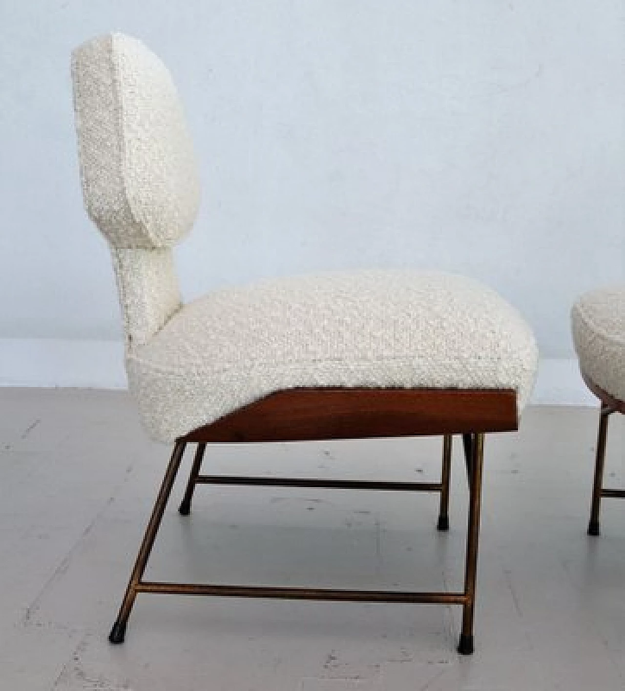 Pair of chairs and footstool in oak, metal and white bouclé, 1950s 13
