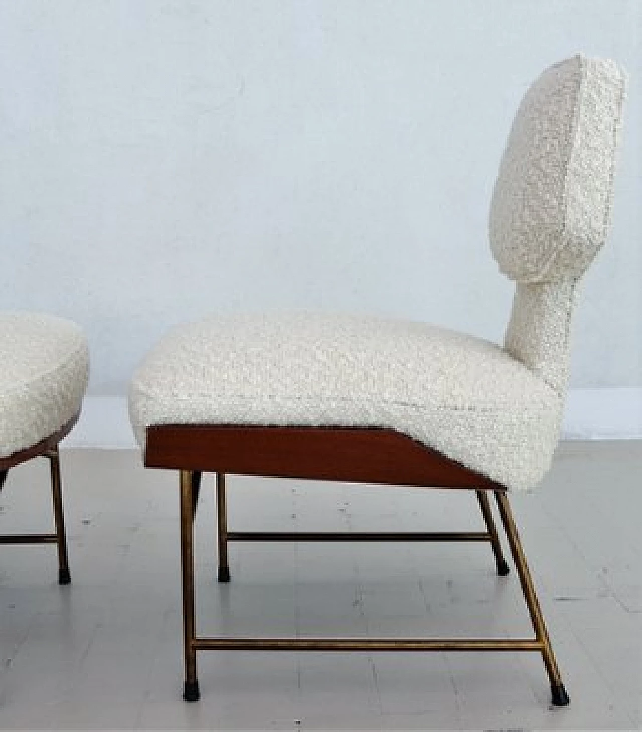 Pair of chairs and footstool in oak, metal and white bouclé, 1950s 14