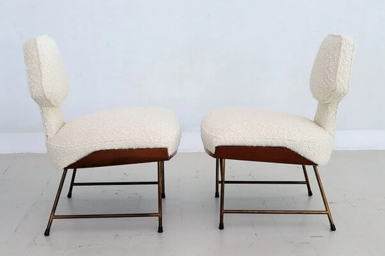 Pair of chairs and footstool in oak, metal and white bouclé, 1950s 15