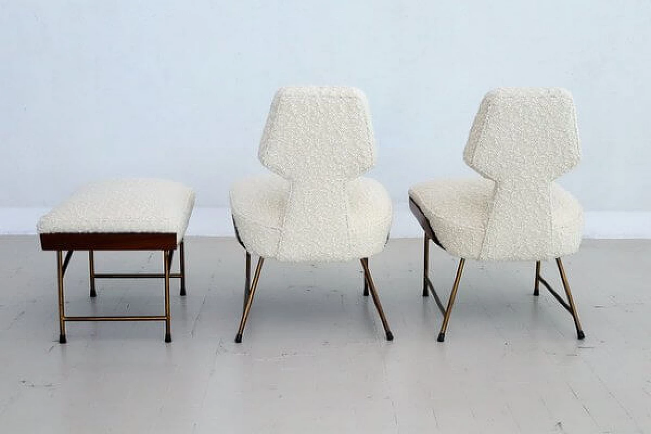 Pair of chairs and footstool in oak, metal and white bouclé, 1950s 16