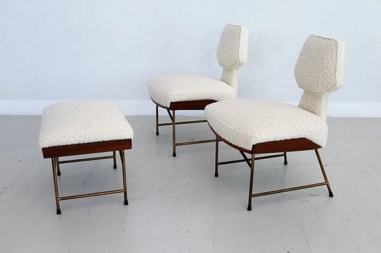 Pair of chairs and footstool in oak, metal and white bouclé, 1950s 17