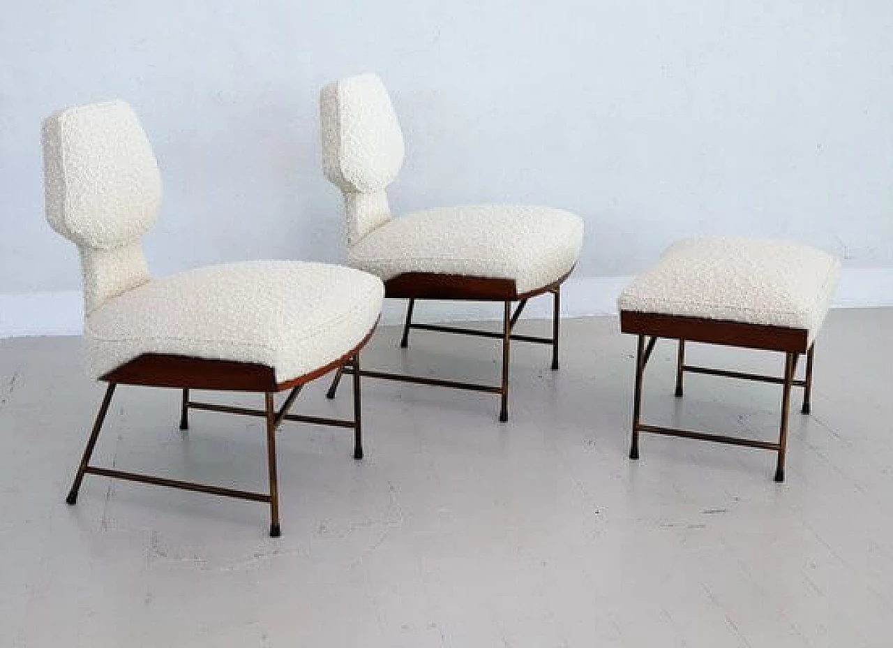 Pair of chairs and footstool in oak, metal and white bouclé, 1950s 18
