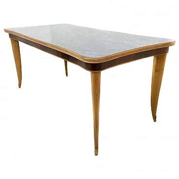 Tavolo in acero e faggio con piano in vetro marmorizzato, anni '50