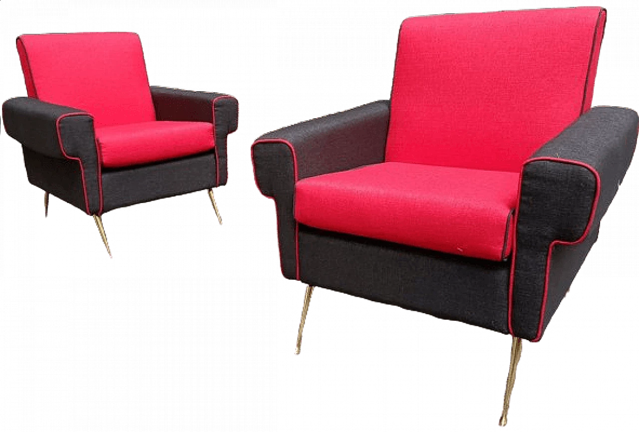 Pair of red and black armchairs with brass legs, 1950s 9
