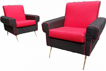 Pair of red and black armchairs with brass legs, 1950s