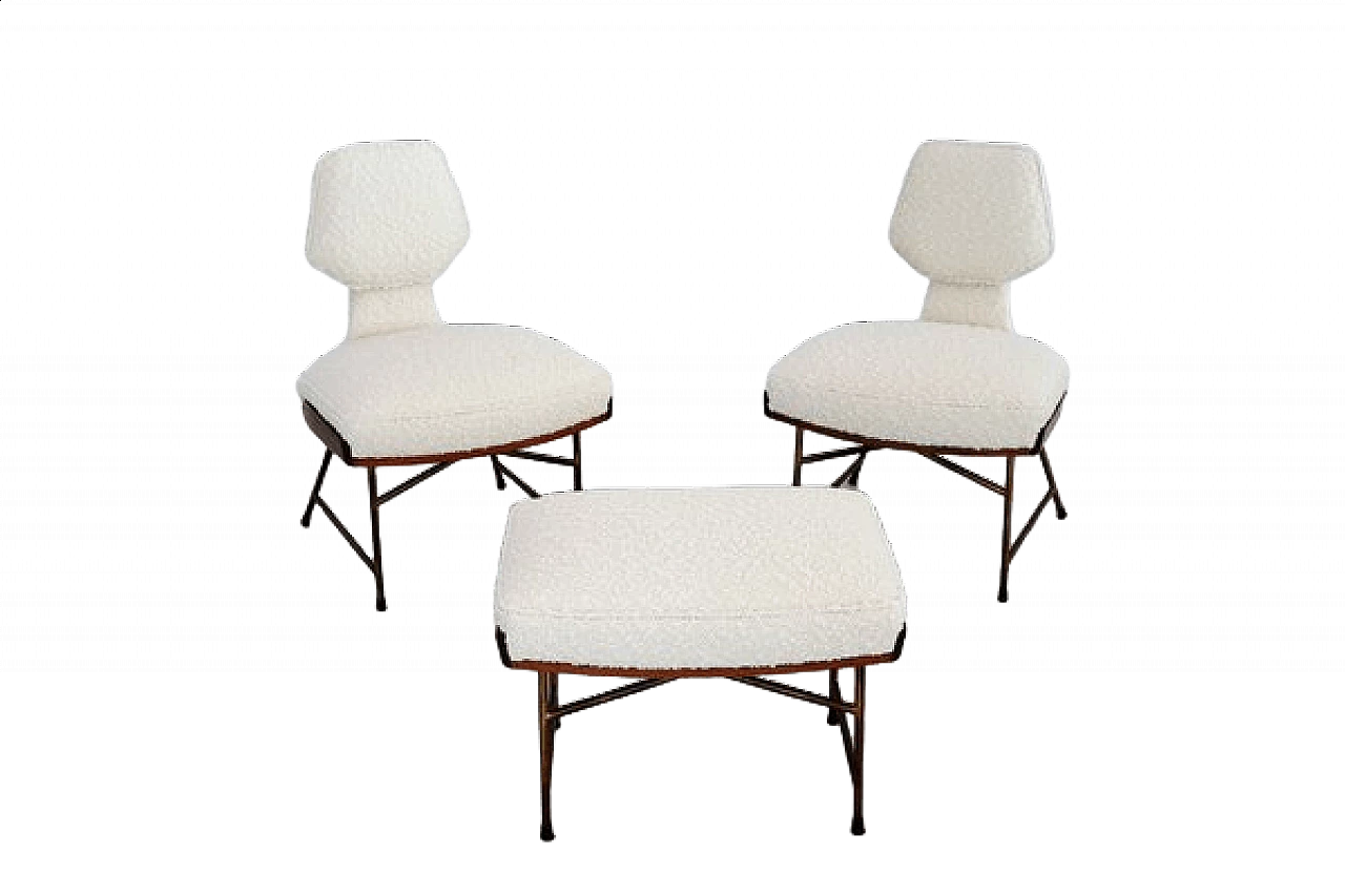 Pair of chairs and footstool in oak, metal and white bouclé, 1950s 21
