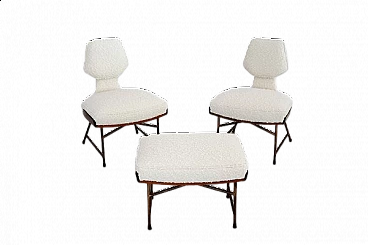 Pair of chairs and footstool in oak, metal and white bouclé, 1950s