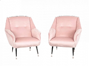 Pair of pink velvet armchairs, 1950s