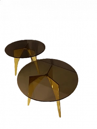 Tavolo rotondo in ottone con piano in vetro bronzato