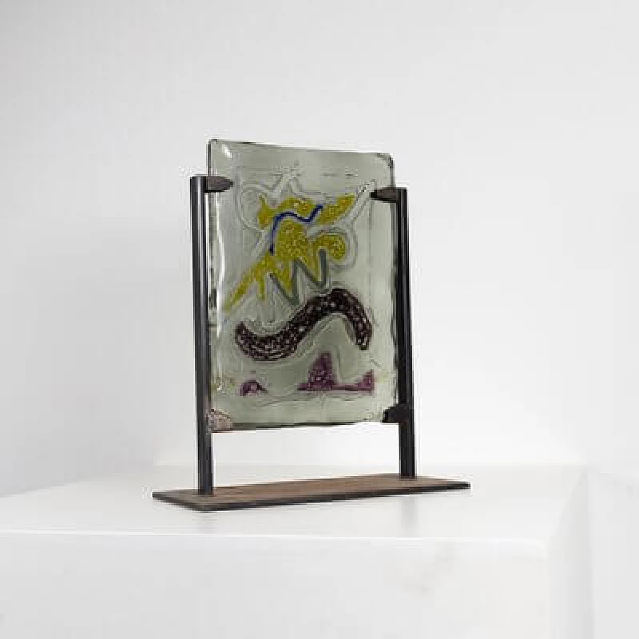 Decorative glass plate with metal base by Paolo Valle, 1970s 4