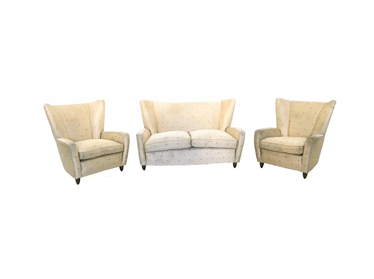 Sofa and pair of armchairs in original ivory fabric by Paolo Buffa, 1950s 1