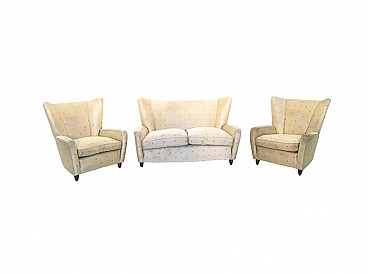 Sofa and pair of armchairs in original ivory fabric by Paolo Buffa, 1950s