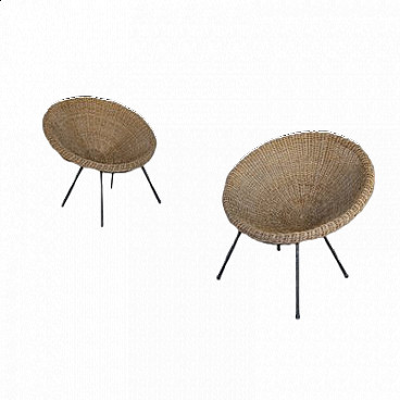 Pair of wicker armchairs with iron legs, 1950s
