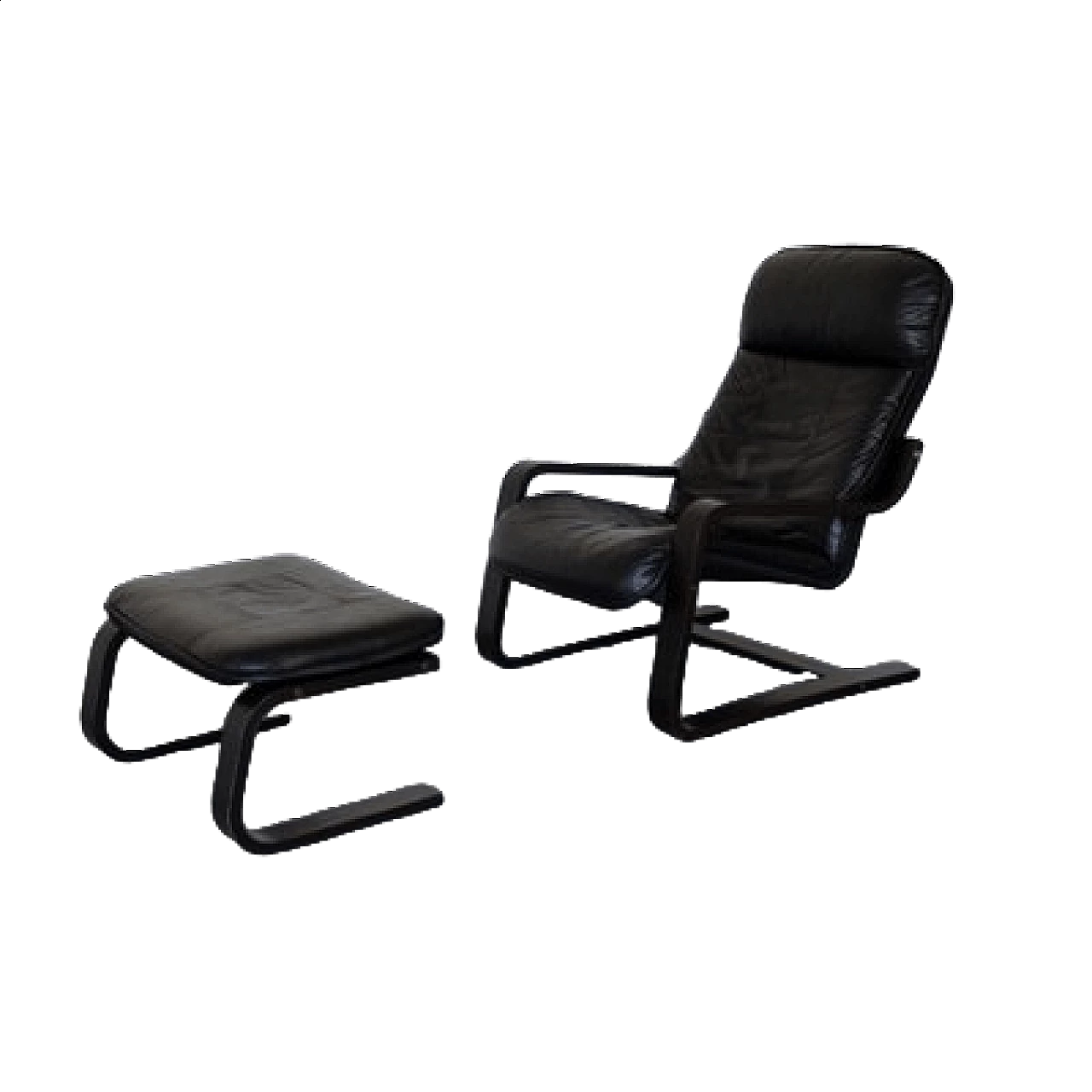 Coppia di sedute in pelle con una poltrona e un pouf, anni '70 14