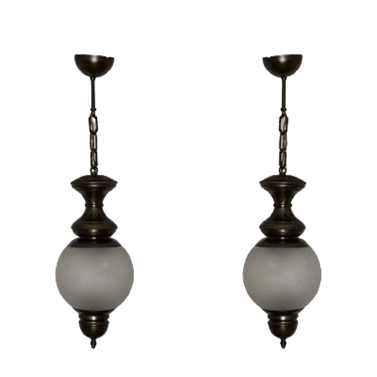 Pair of glass and brass pendant lamps, 1950s 13