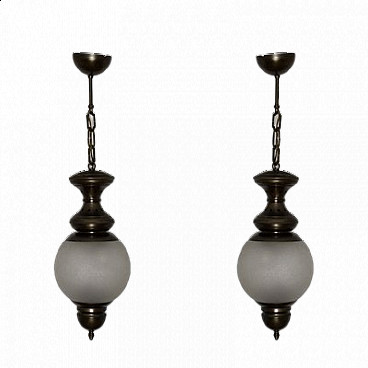 Pair of glass and brass pendant lamps, 1950s