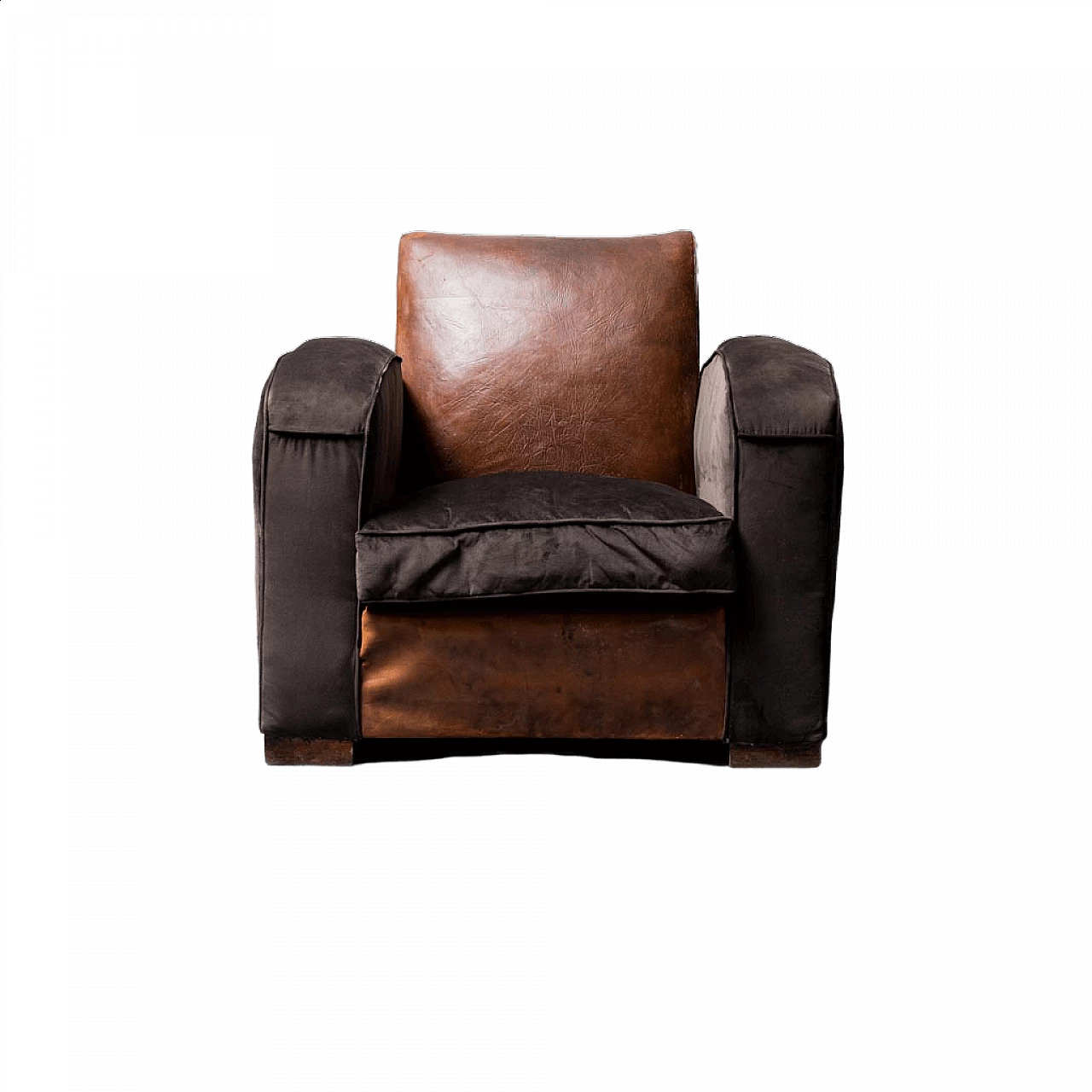 French Club armchair in leather and velvet, 1940s 14