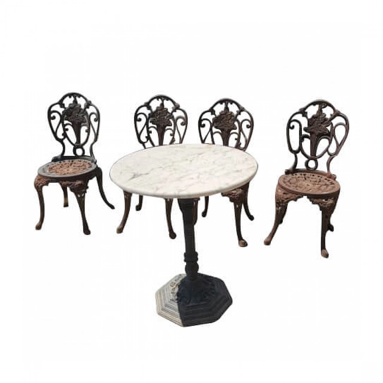A cast iron and marble garden table and 4 chairs, early 20th century 10