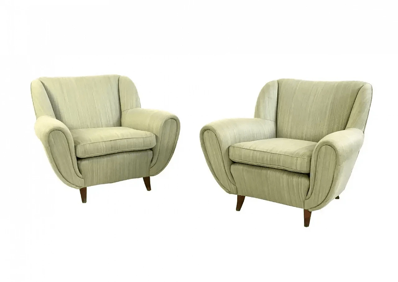 Pair of light green armchairs with wooden frame, 1950s 2