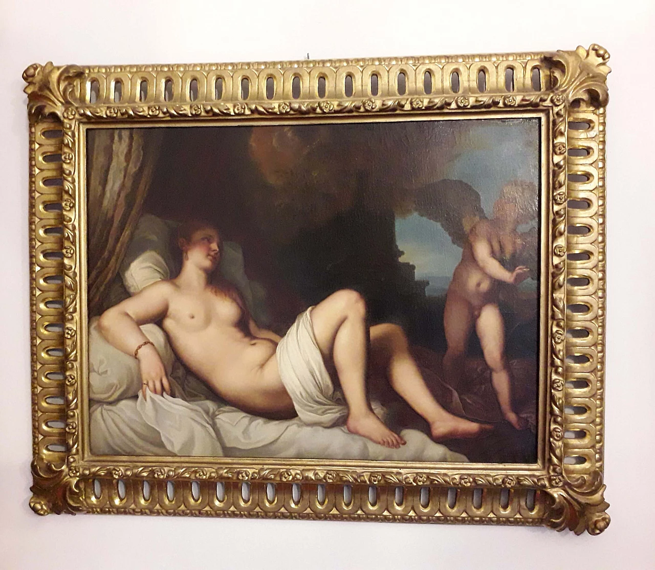 Olio su tela raffigurante Danae, da Tiziano, entro cornice, '700 1
