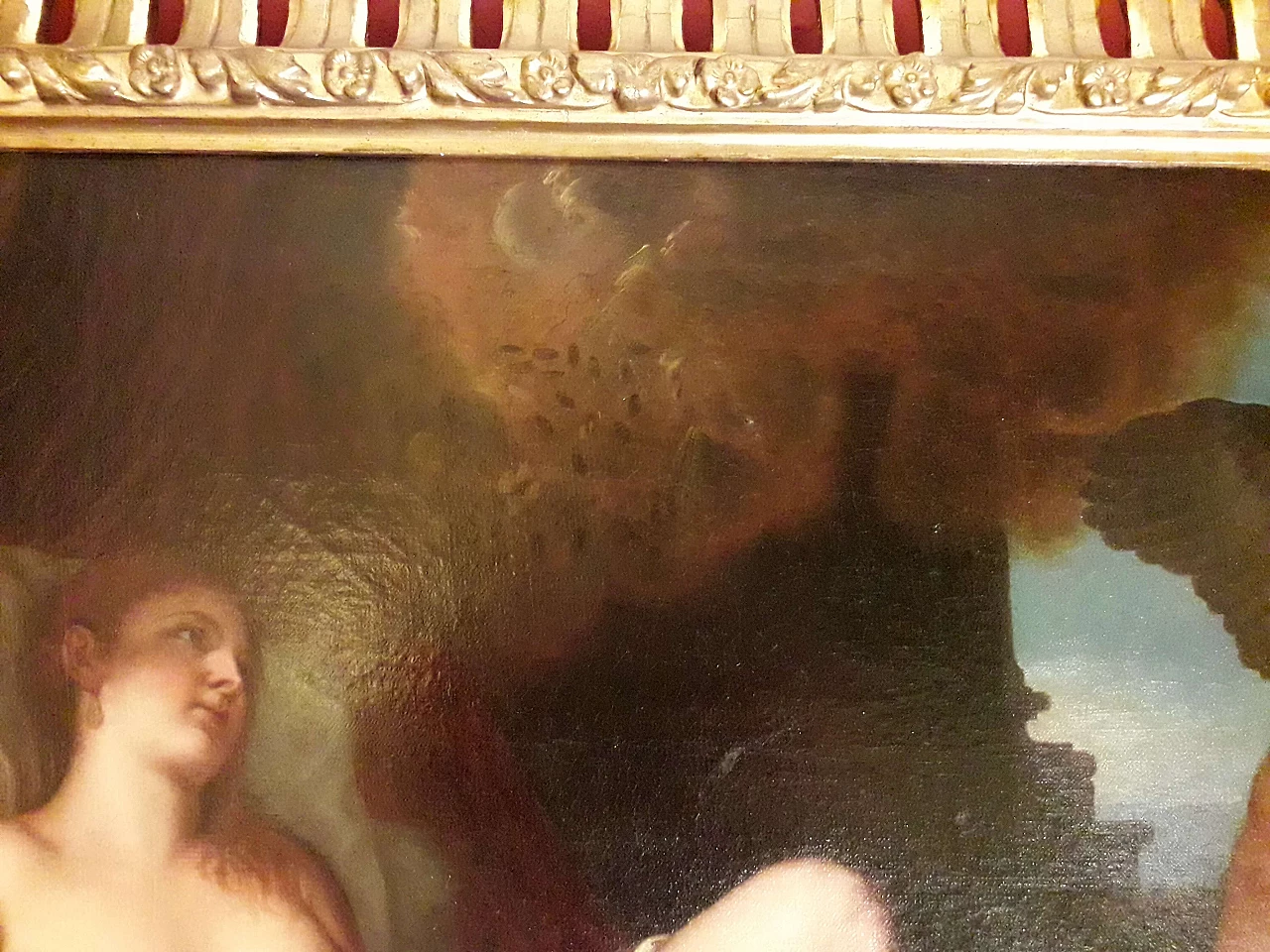 Olio su tela raffigurante Danae, da Tiziano, entro cornice, '700 3