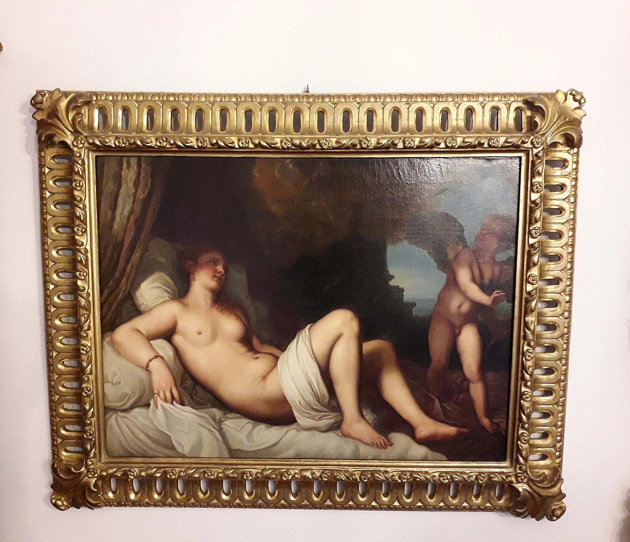 Oil on canvas depicting Danae from Titian, with frame, 18th century 5
