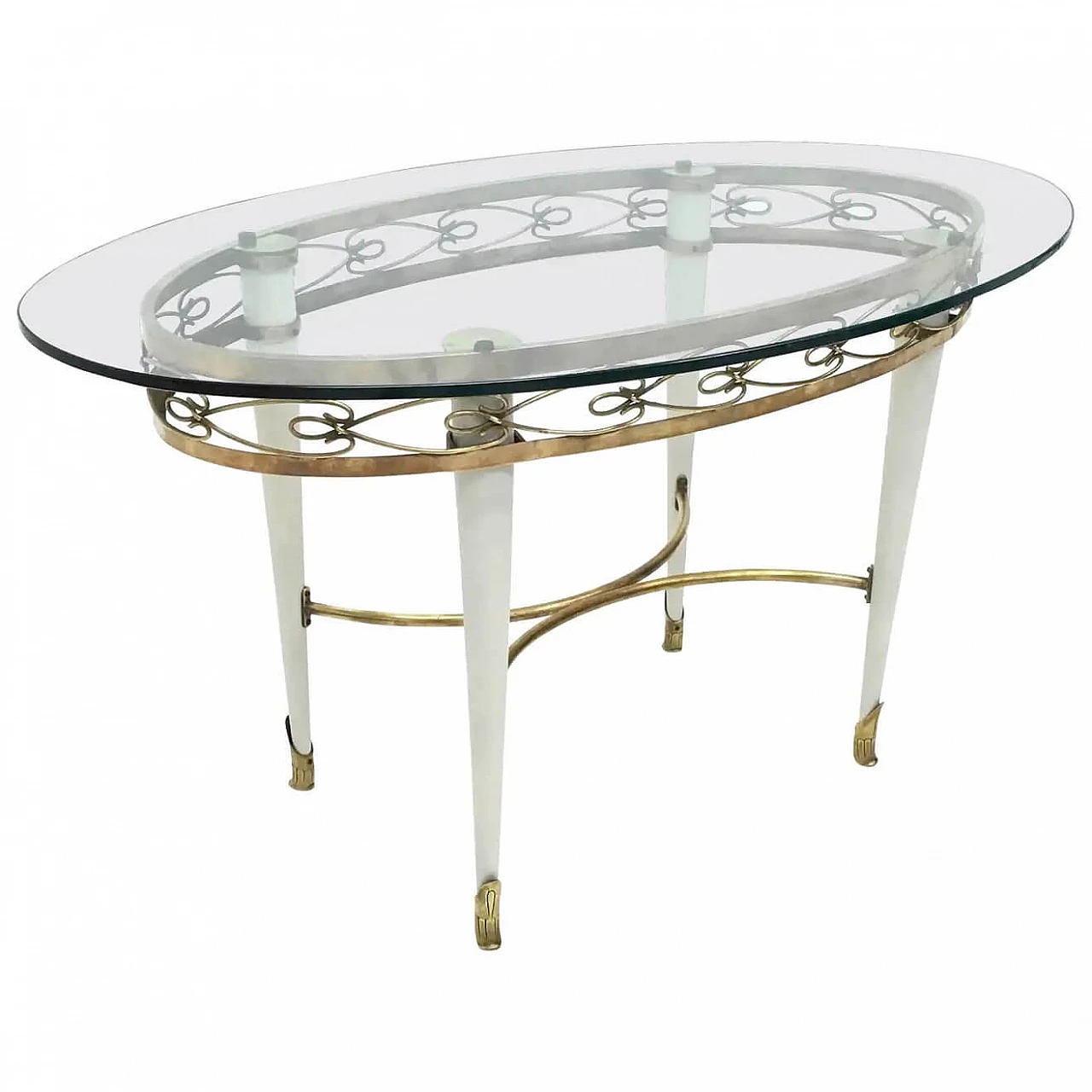 Tavolino in ottone con piano ovale in vetro nello stile di Pierluigi Colli, anni '50 1