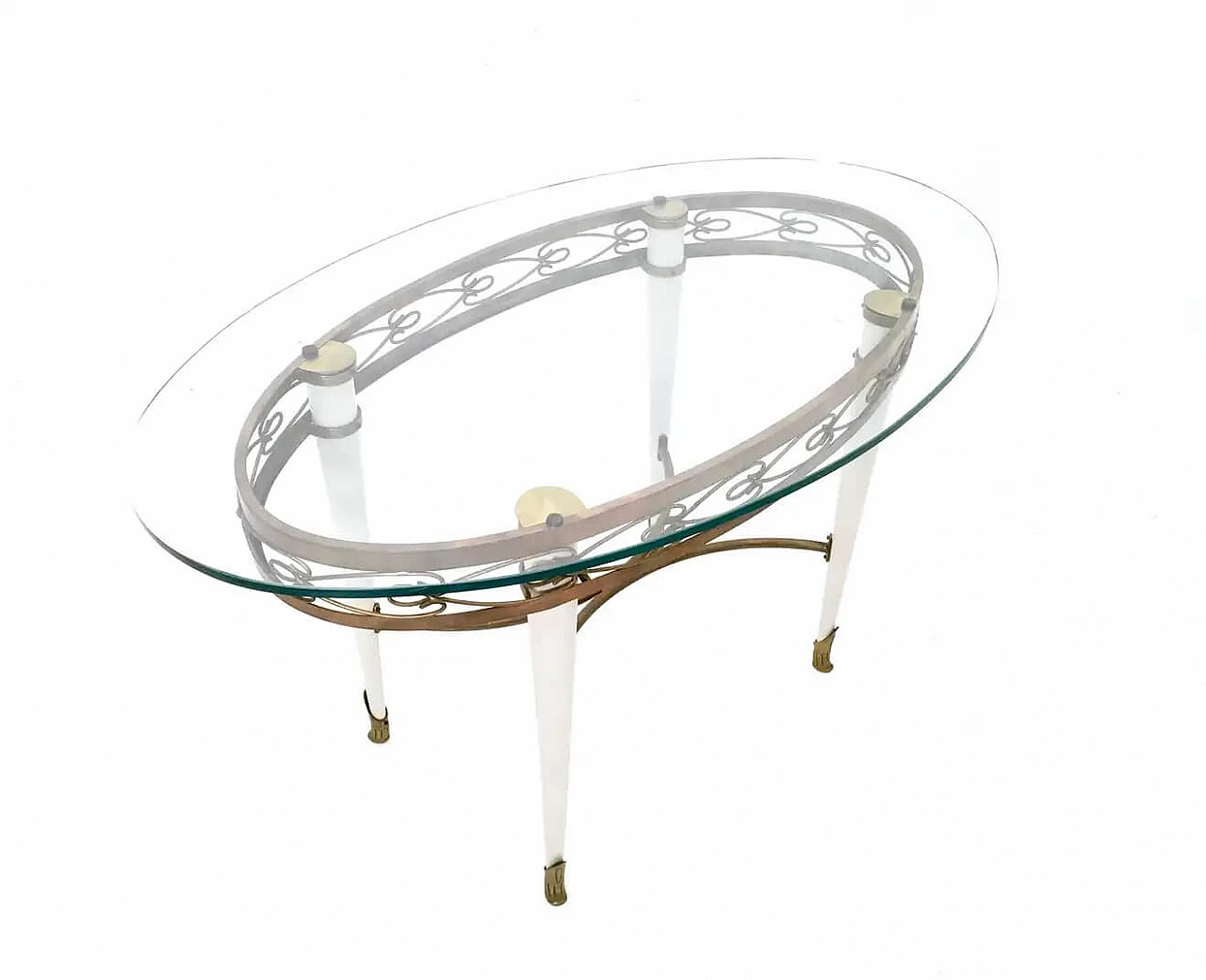 Tavolino in ottone con piano ovale in vetro nello stile di Pierluigi Colli, anni '50 2