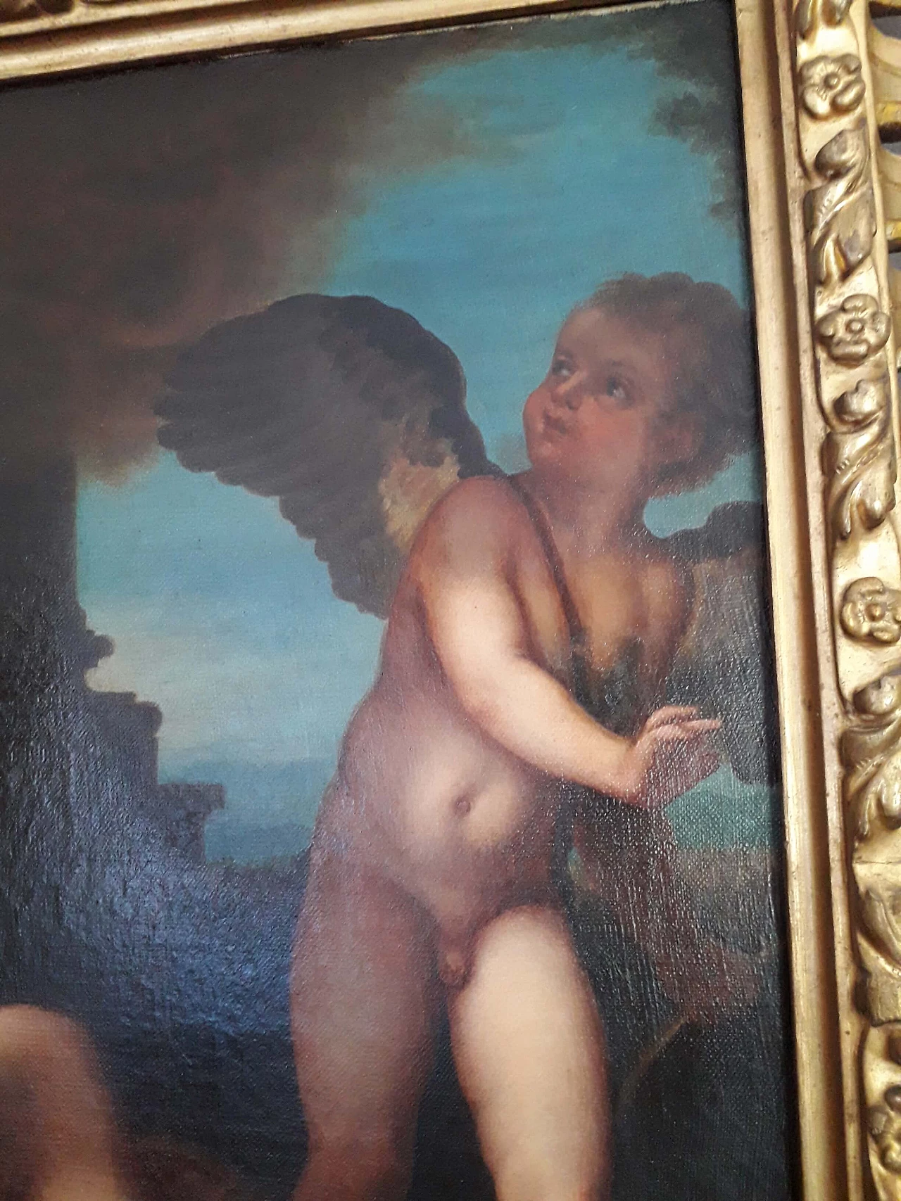 Olio su tela raffigurante Danae, da Tiziano, entro cornice, '700 9