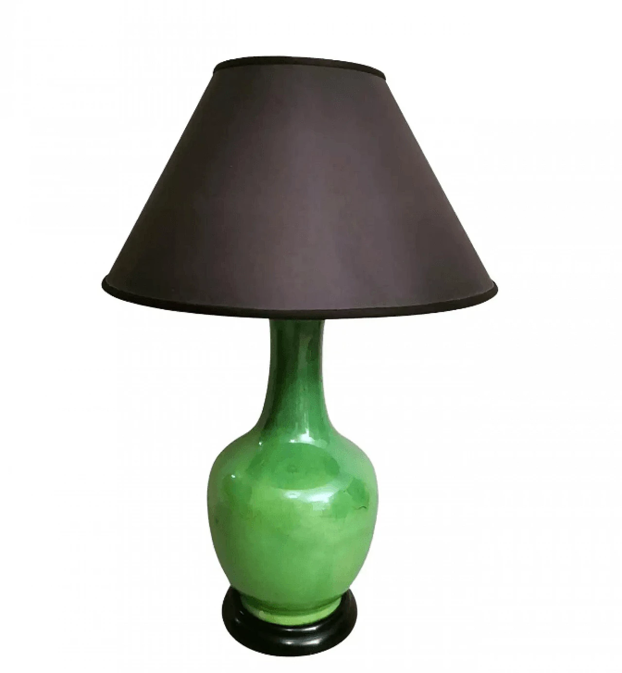 Lampada francese Craquelè in ceramica verde con base in legno senza paralume, anni '20 1