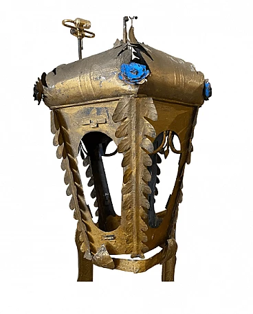 Iron lantern painted gold and blue Art Nouveau style, early 20th century