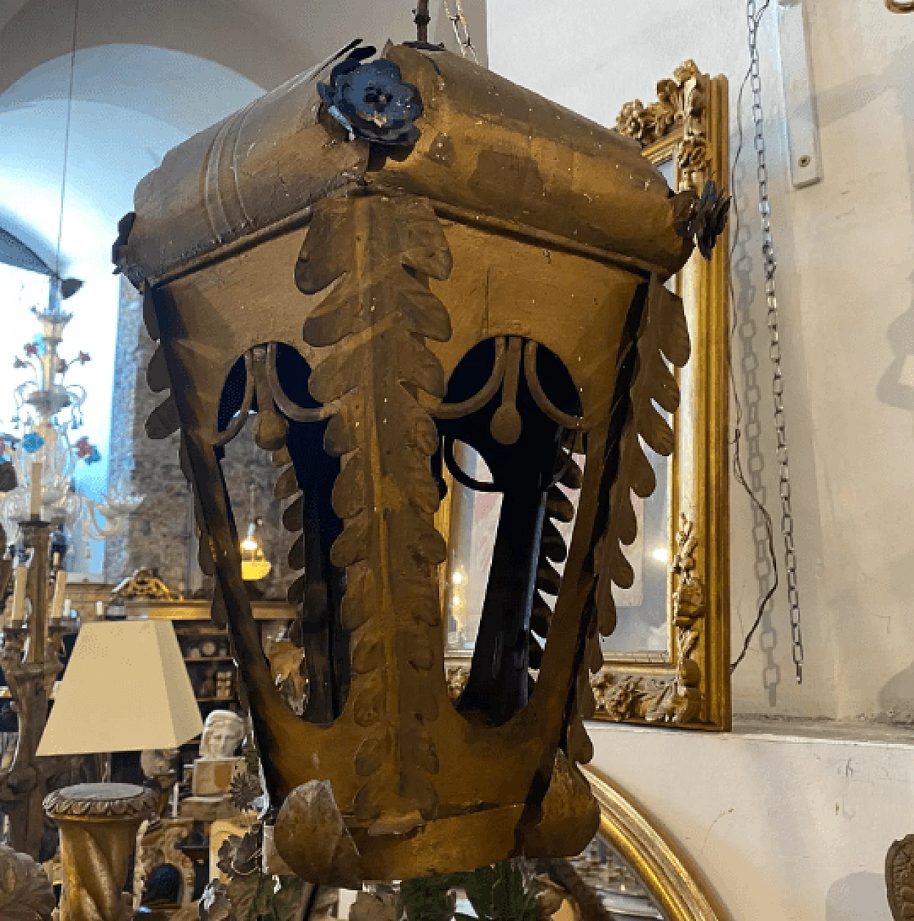 Iron lantern painted gold and blue Art Nouveau style, early 20th century 2