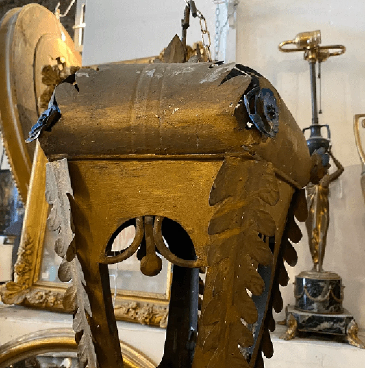 Iron lantern painted gold and blue Art Nouveau style, early 20th century 3