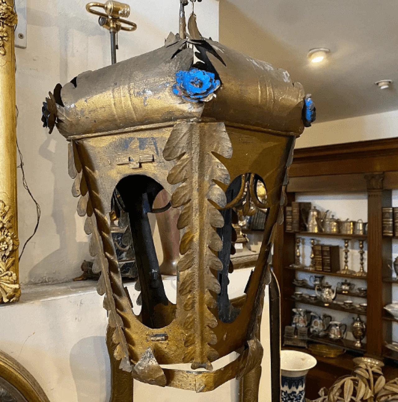 Iron lantern painted gold and blue Art Nouveau style, early 20th century 10