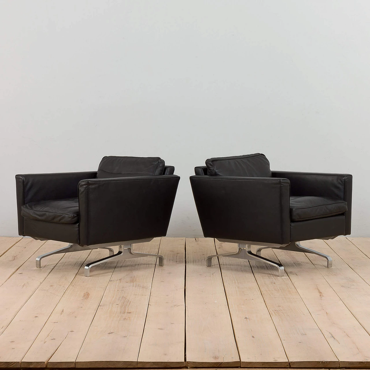 Pair of Scandinavian black leather lounge chairs in the style of Poul Kjaerholm, 1970s 4