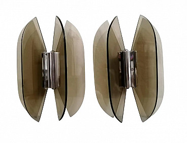 Pair of wall lights in Fontana Arte style with 4 smoked tempered crystals, 1970s