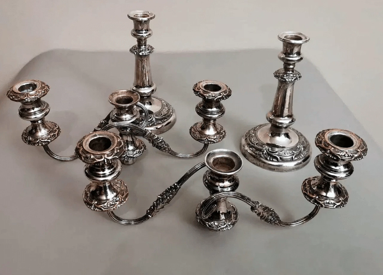 Coppia di candelieri convertibili a 3 fiamme in stile vittoriano placcati in argento, '800 4