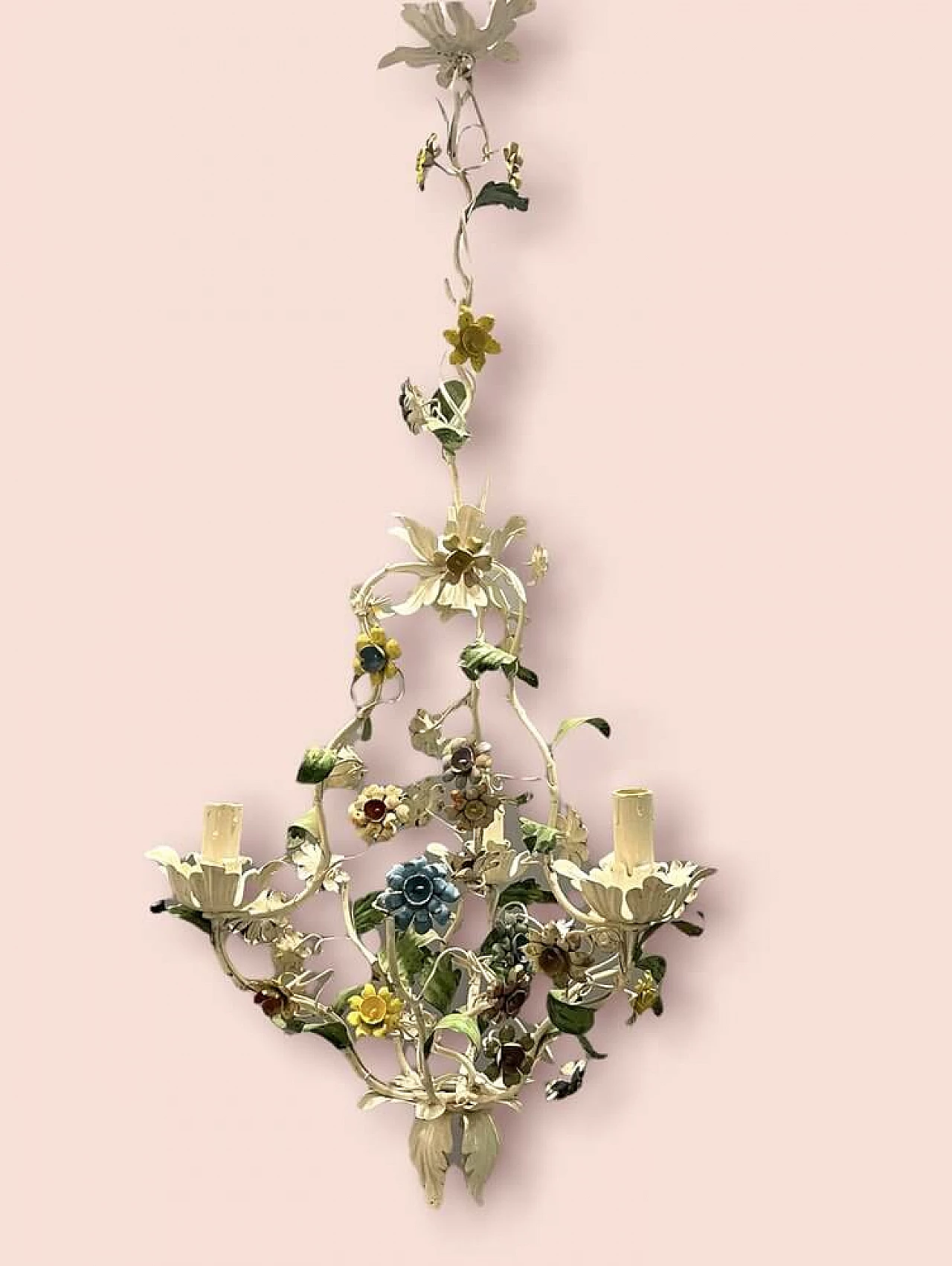 Tole chandelier with flowers, 1960s 2