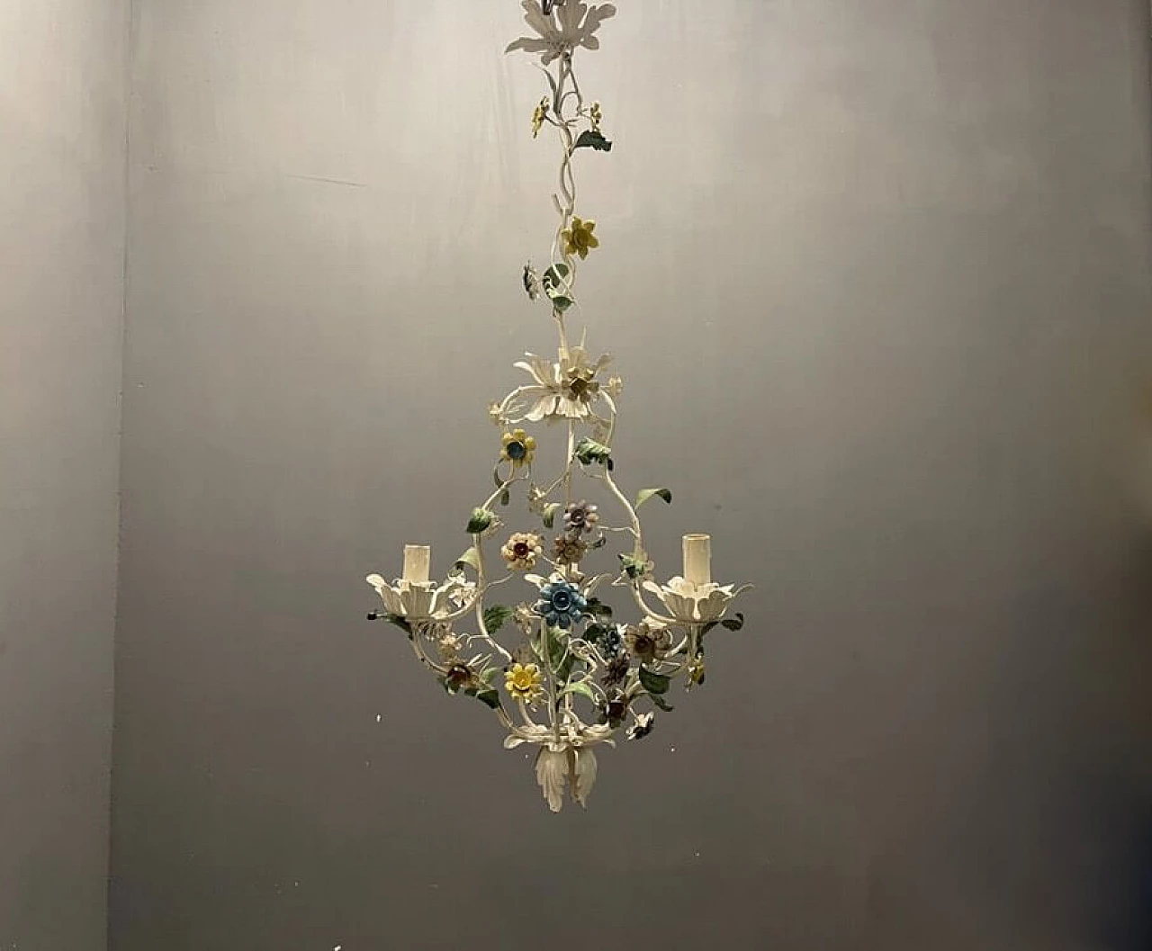 Tole chandelier with flowers, 1960s 3