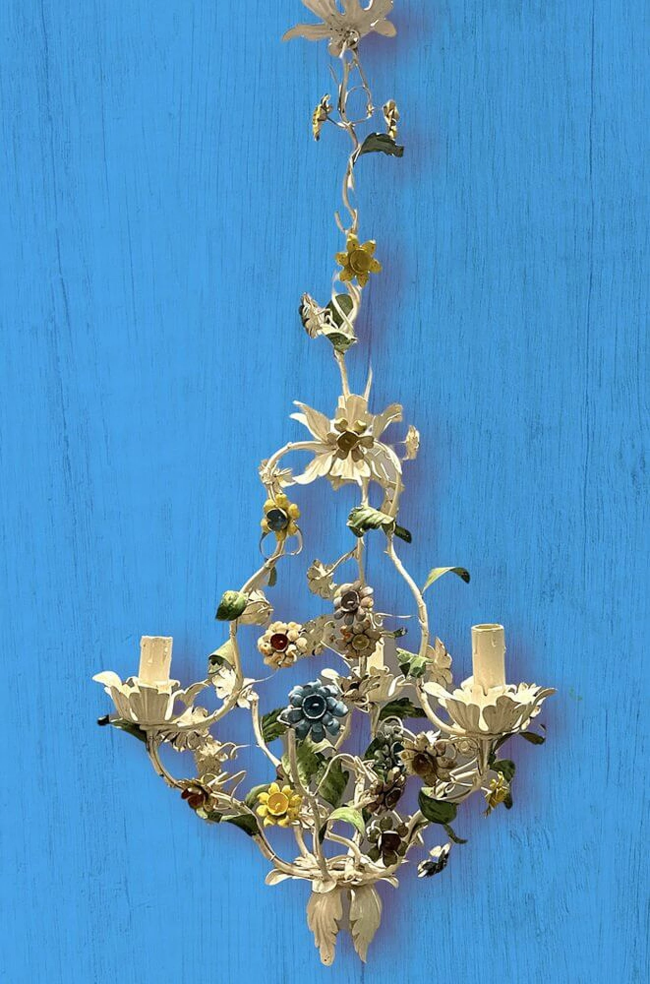 Tole chandelier with flowers, 1960s 4